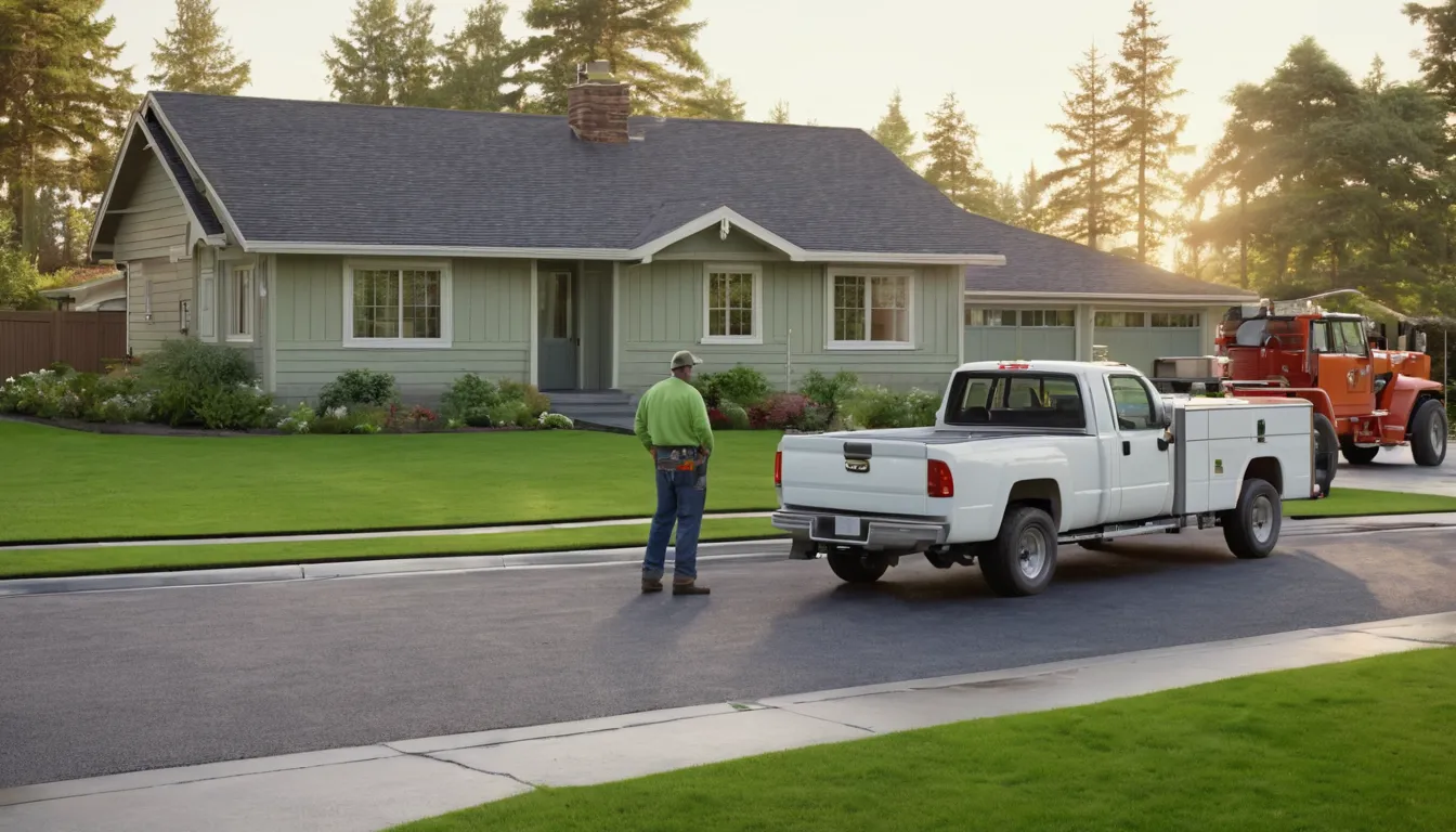 A homeowner talking with a septic provider beside a ranch home in Harrison
