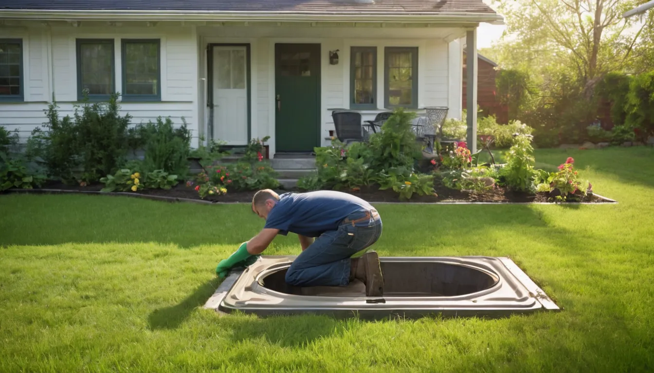 Septic provider inspecting a tank lid in a home's backyard near Harrison
