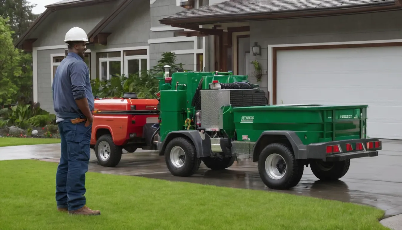 Septic provider's pumper truck parked beside a lawn near a home in the Harrison area while a homeowner talks with the technician